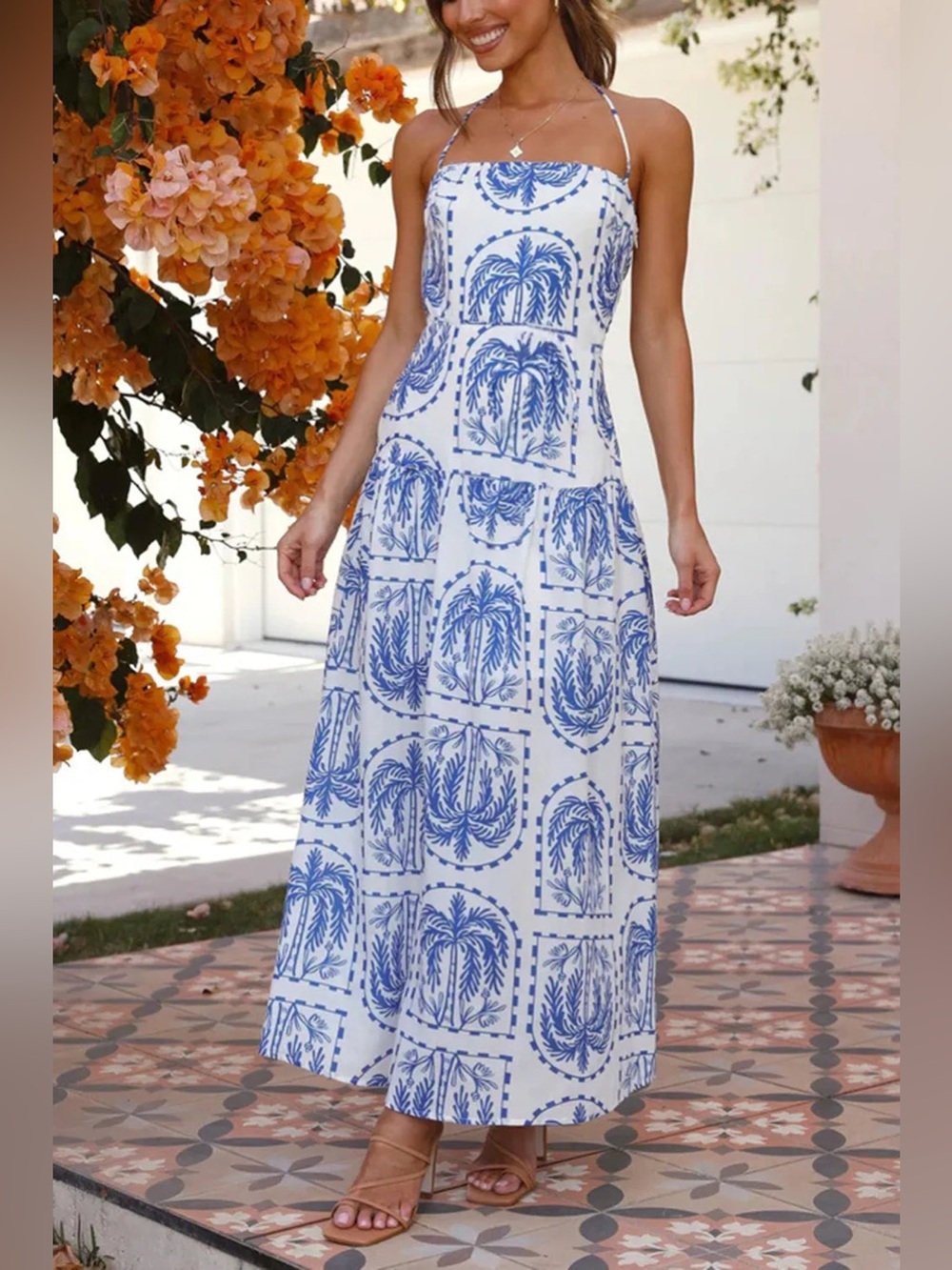 White and Blue Palm-Print Halter Maxi Dress